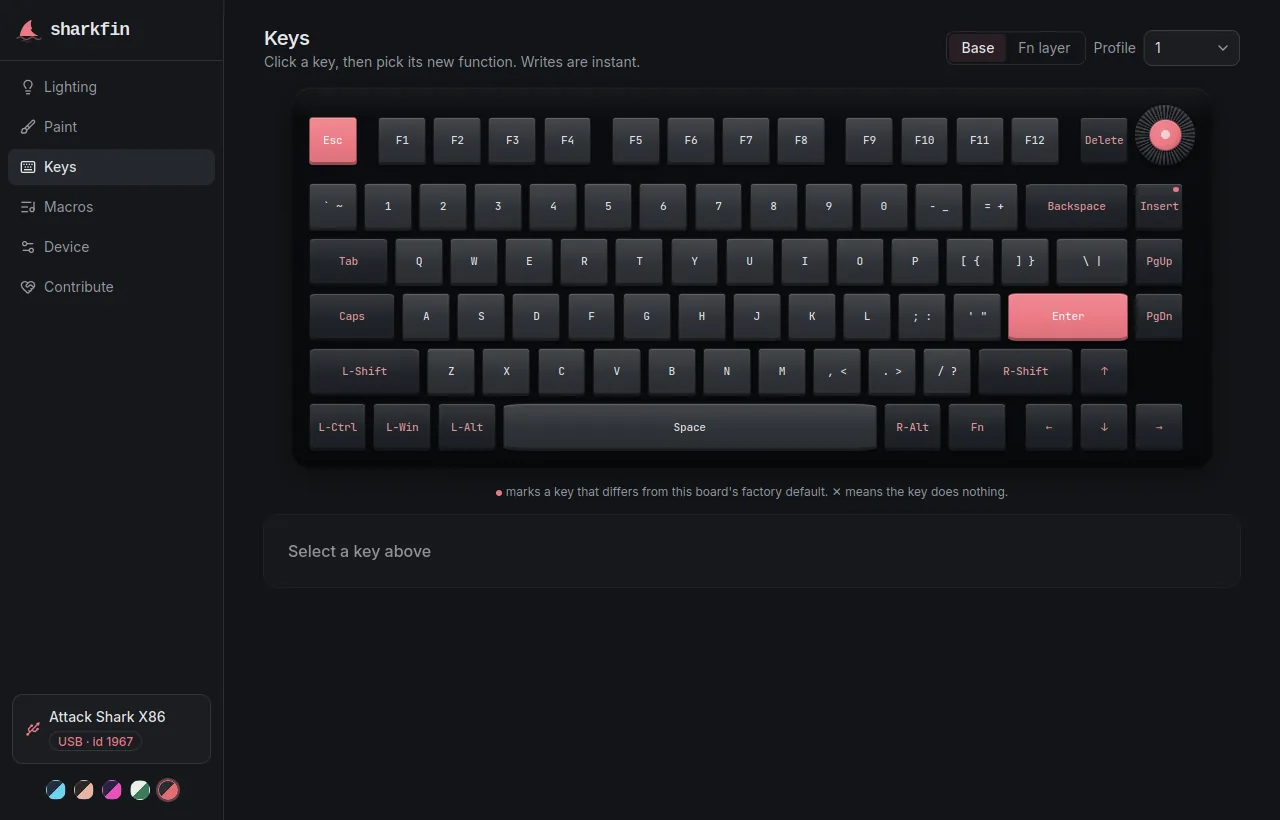 sharkfin keymap editor showing an Attack Shark X86 drawn key by key, in the 8008 colorway