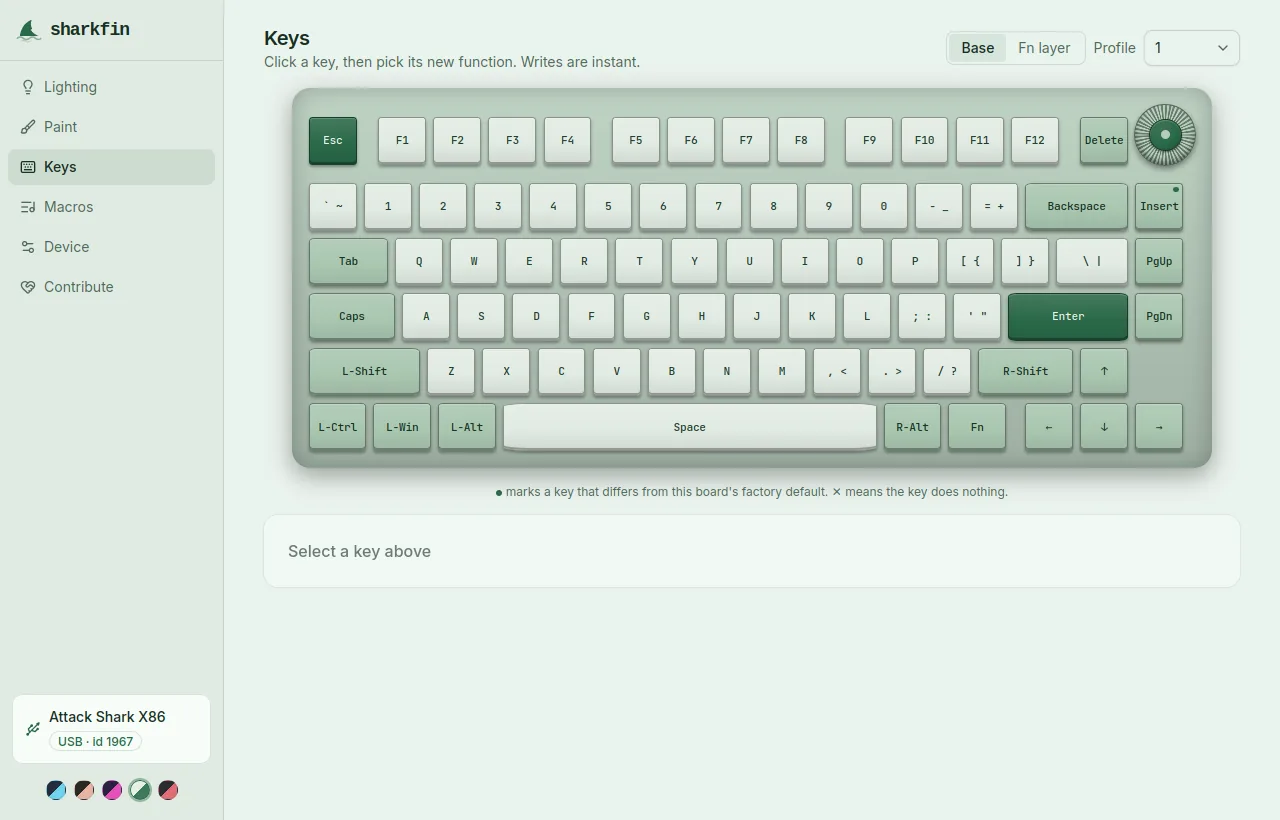 sharkfin keymap editor showing an Attack Shark X86 drawn key by key, in the Botanical colorway