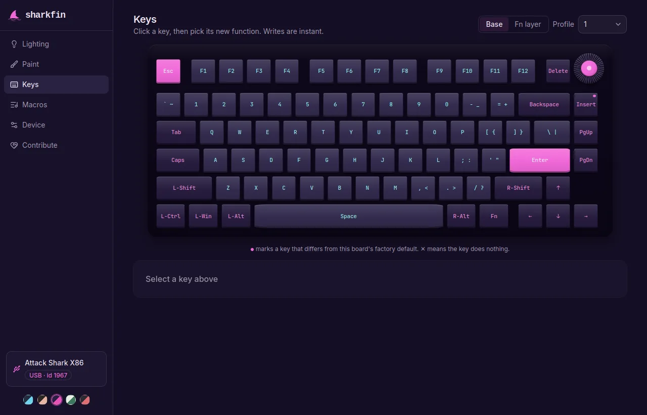 sharkfin keymap editor showing an Attack Shark X86 drawn key by key, in the Laser colorway