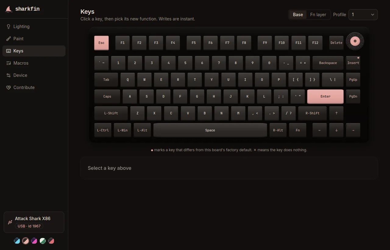 sharkfin keymap editor showing an Attack Shark X86 drawn key by key, in the Olivia colorway