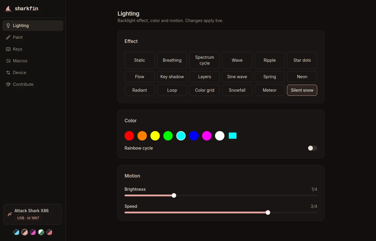sharkfin lighting page in the Olivia colorway: 18 effects, color swatches, brightness and speed sliders